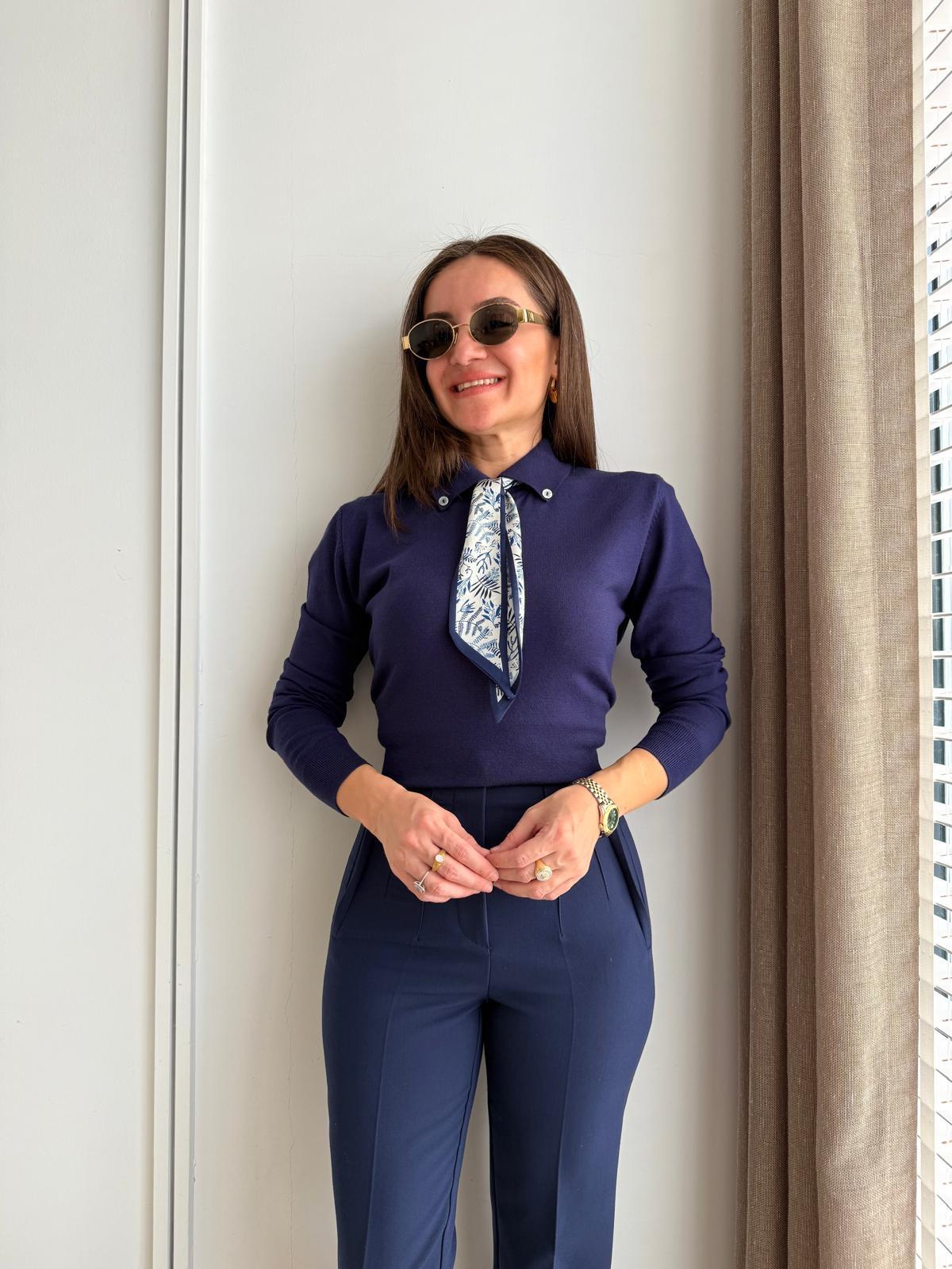 Lacivert Polo Yaka Fular Detaylı Triko Kazak 140518