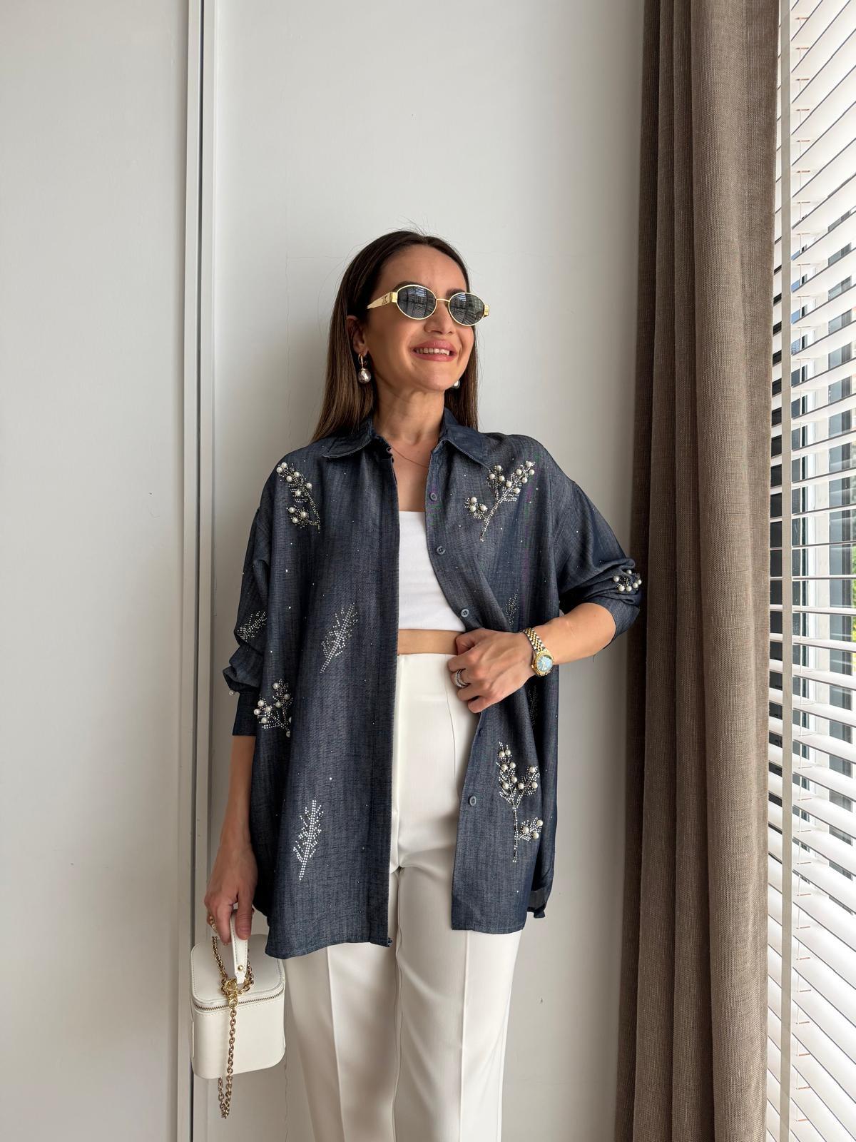 Lacivert Taş Nakışlı Denim Gömlek 8068