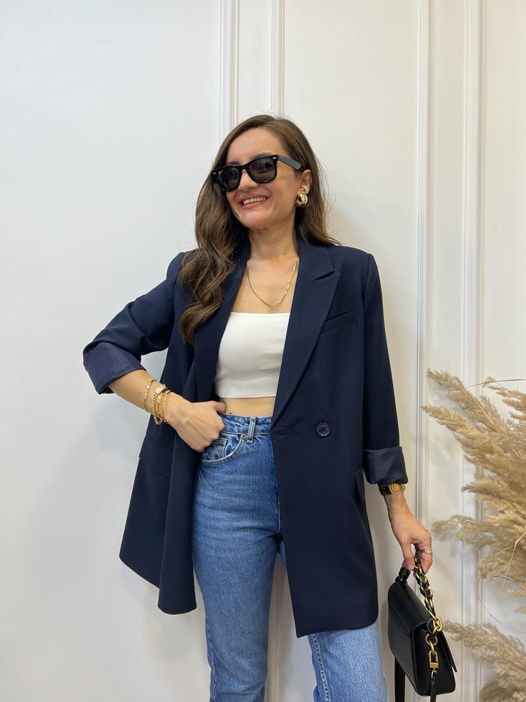 Lacivert Tek Düğme Oversize Blazer Ceket 9287
