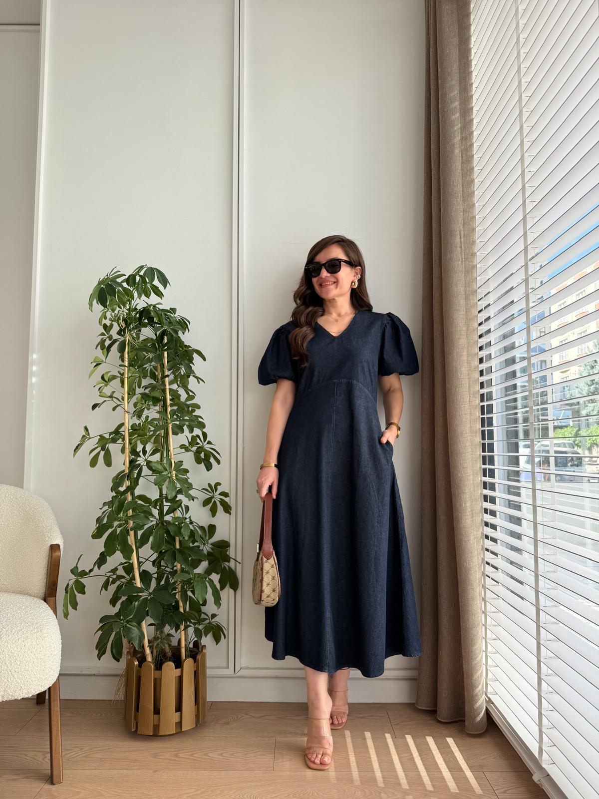 Lacivert V Yaka Balon Kol Denim Elbise 2129