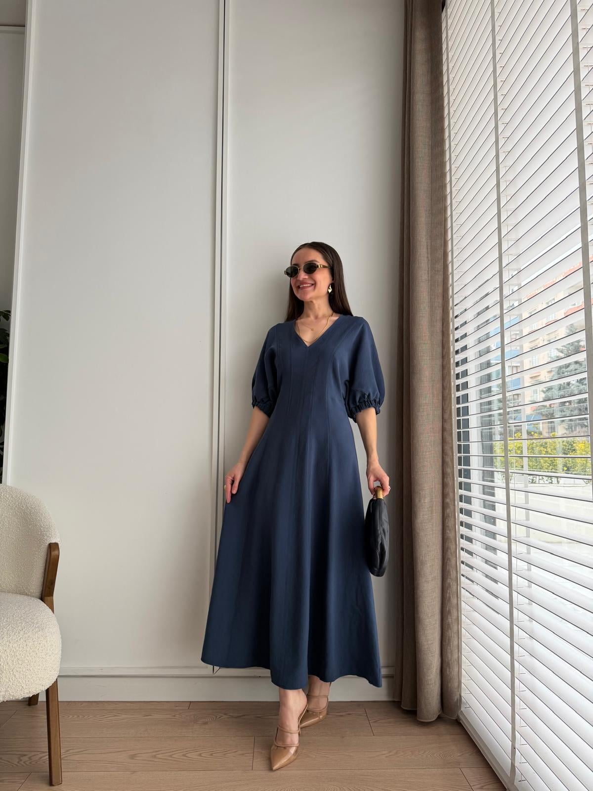 Lacivert V Yaka Parçalı Elbise 5282