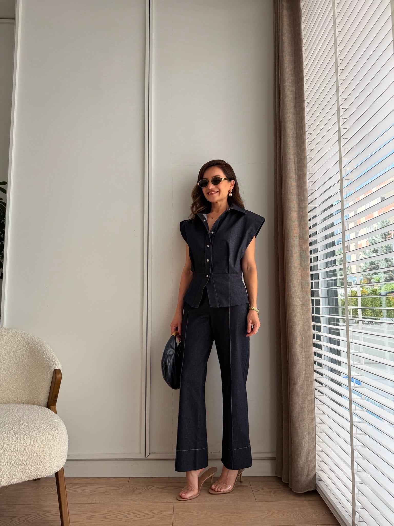 Lacivert Vatkalı Pens Detaylı Denim Takım 3829