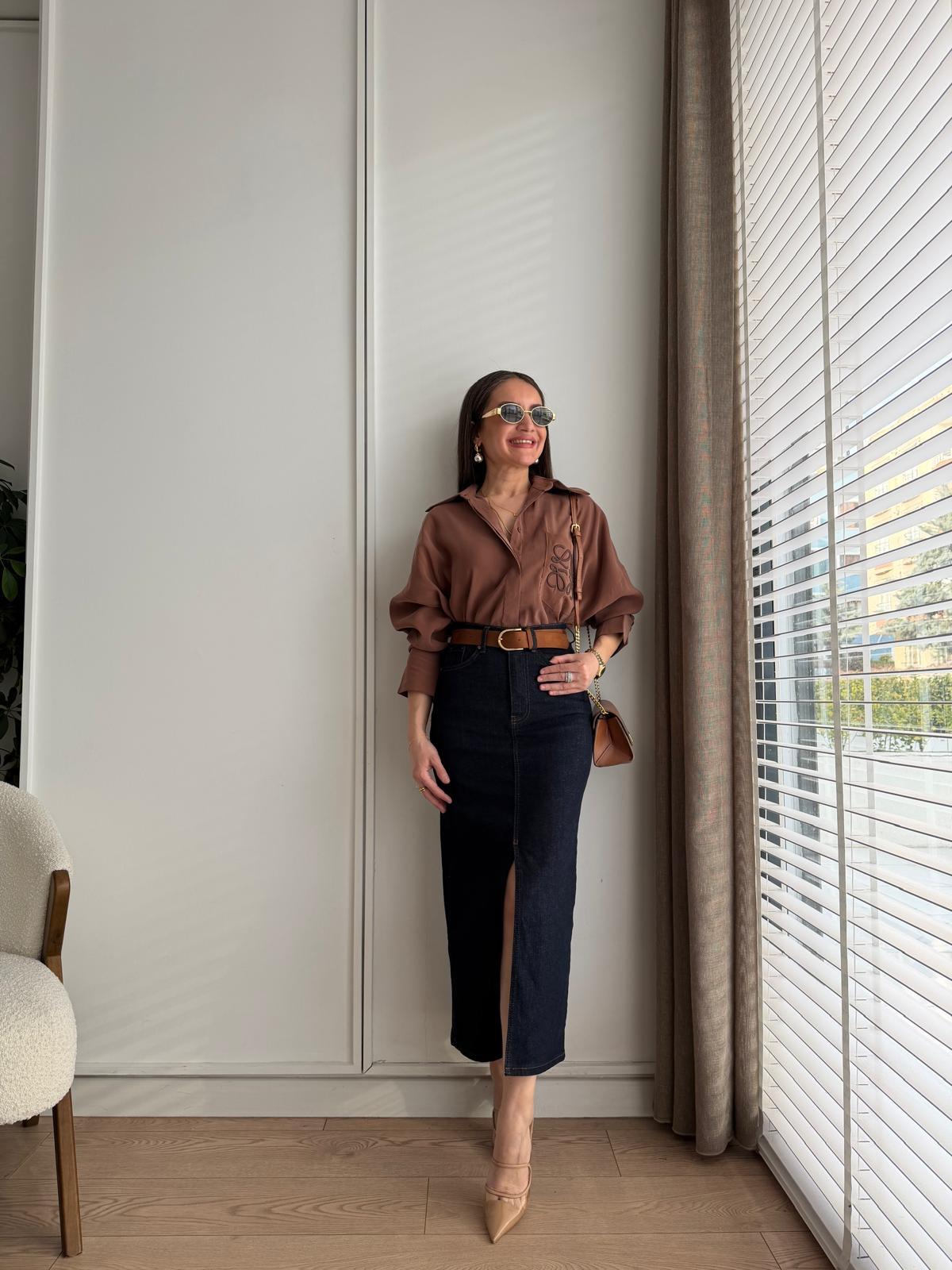 Lacivert Yırtmaç Detaylı Kemerli Denim Etek 0761