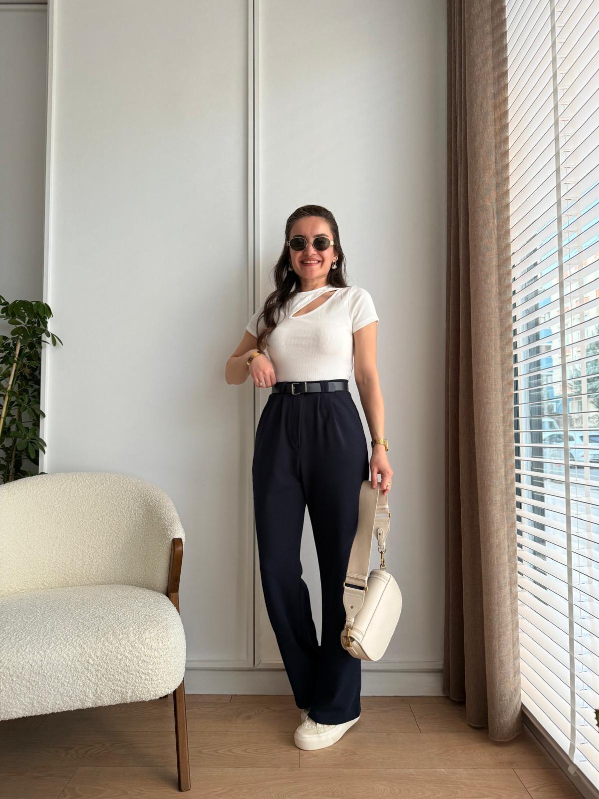 Lacivert Yüksek Bel Kemerli Palazzo Pantolon 3851