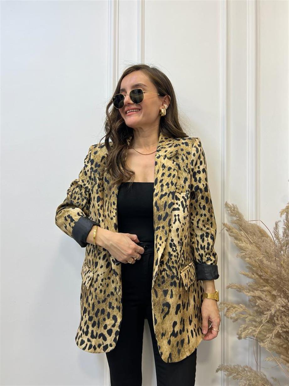 Leopar Vatkalı Pamuk Tok Saten Blazer Ceket 9299