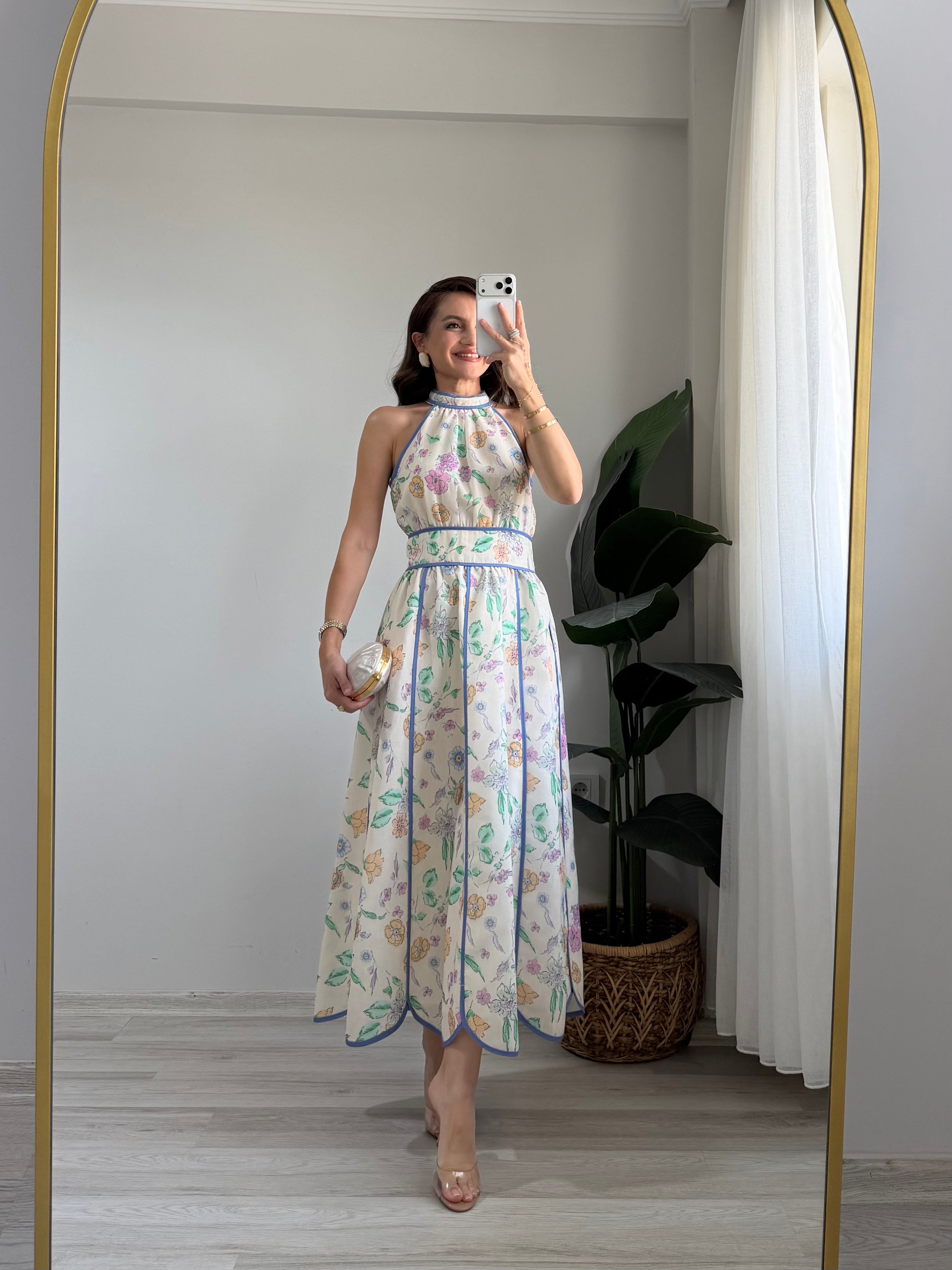 Lila Biyeli Halter Yaka Çiçekli Elbise 3245