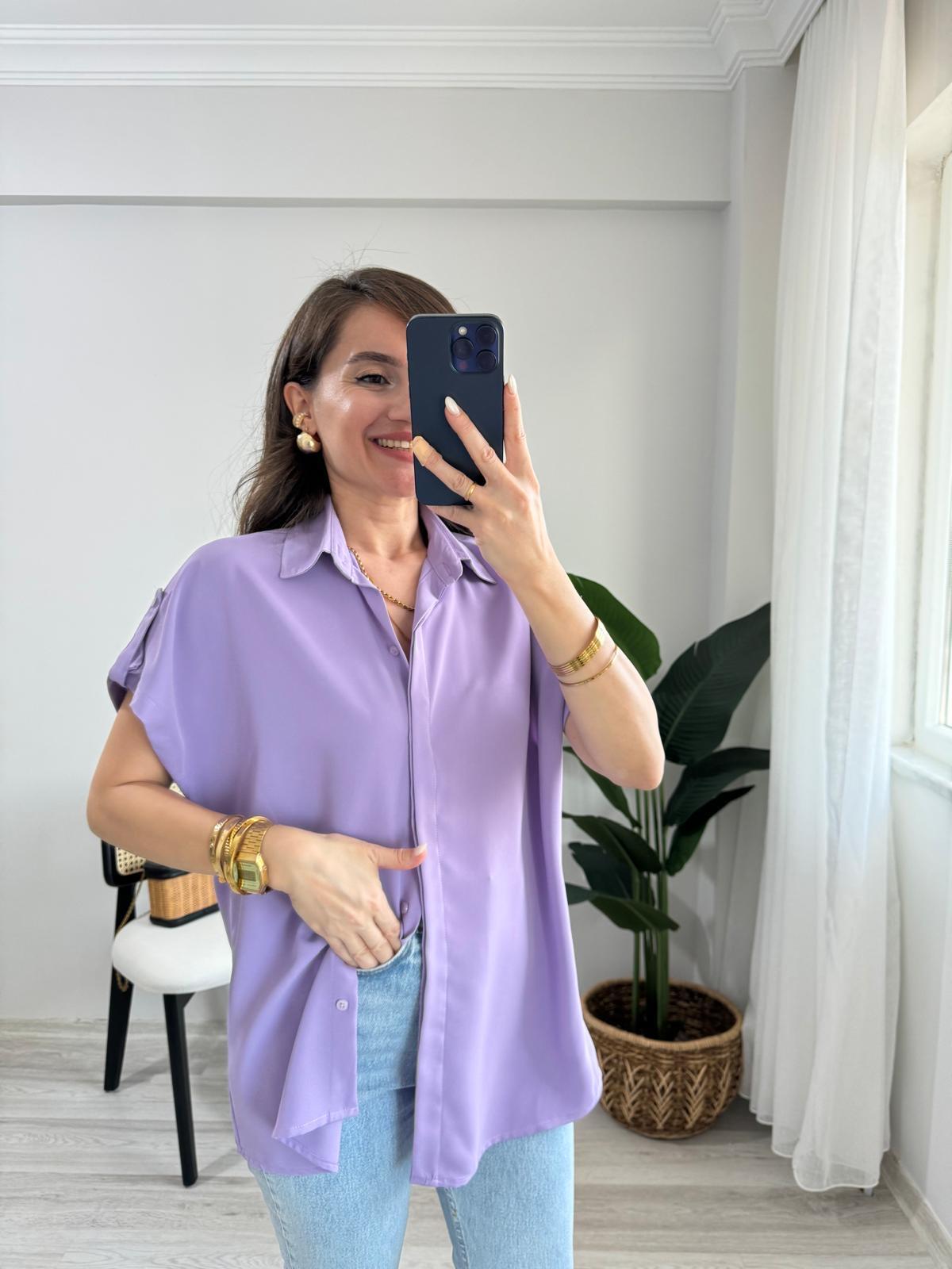 Lila Omuz Detaylı Kolsuz Gömlek 504