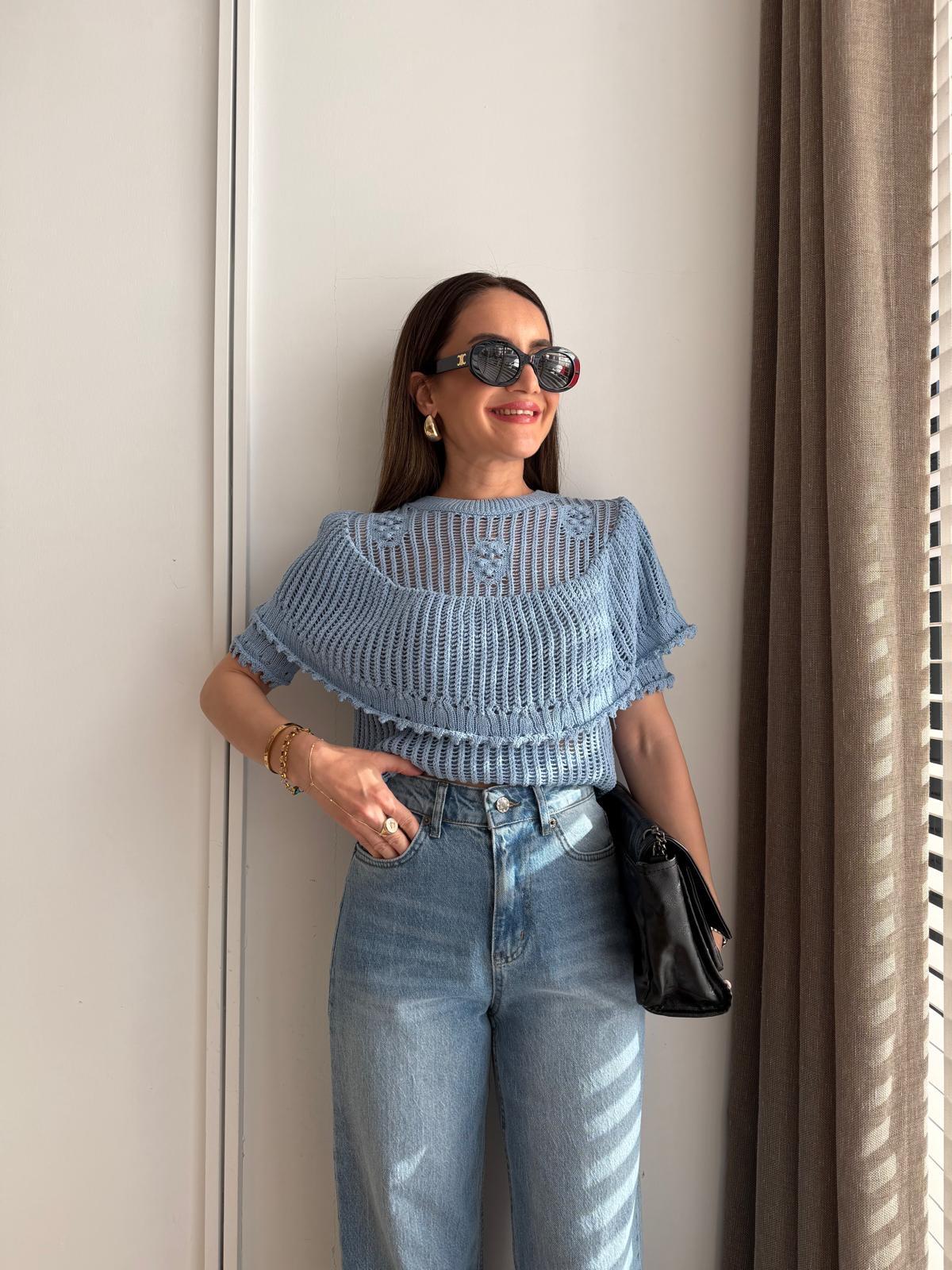 Mavi Ajurlu Fırfırlı Triko Bluz 4764