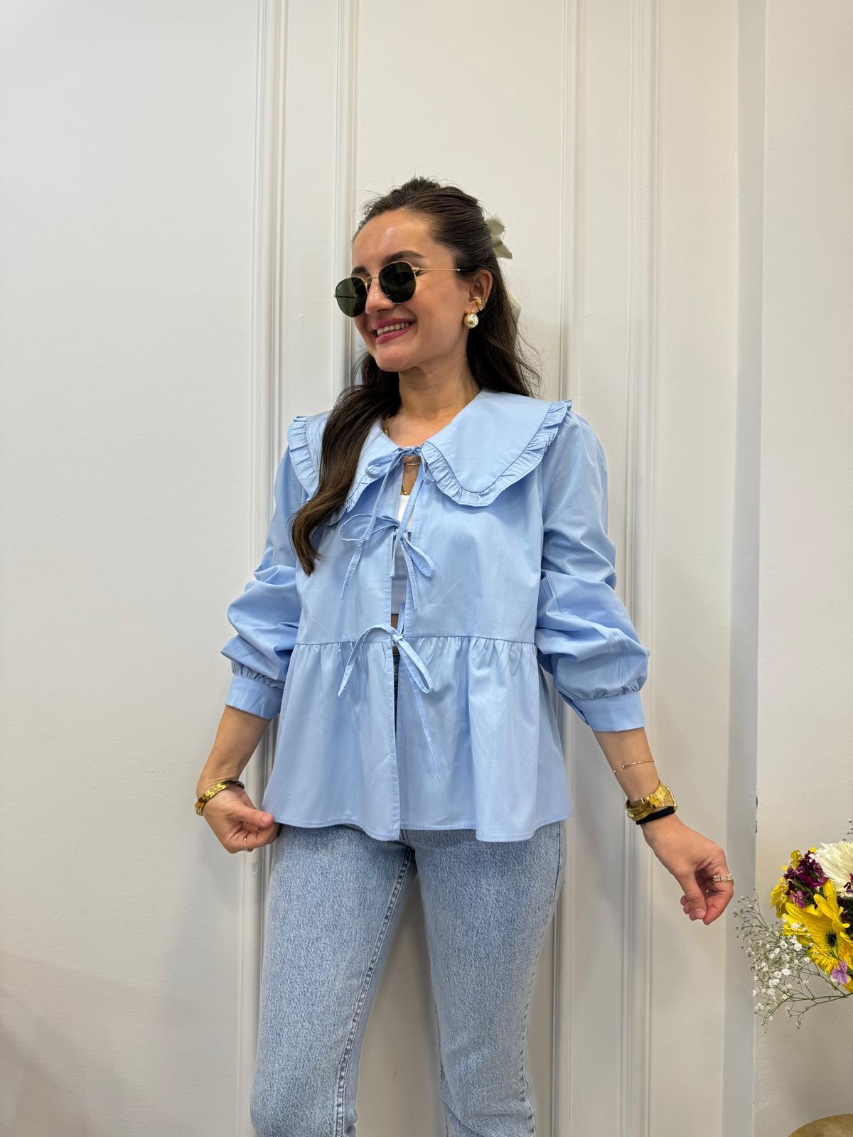 Mavi Bebe Yaka Önden Bağlamalı Bluz 34657