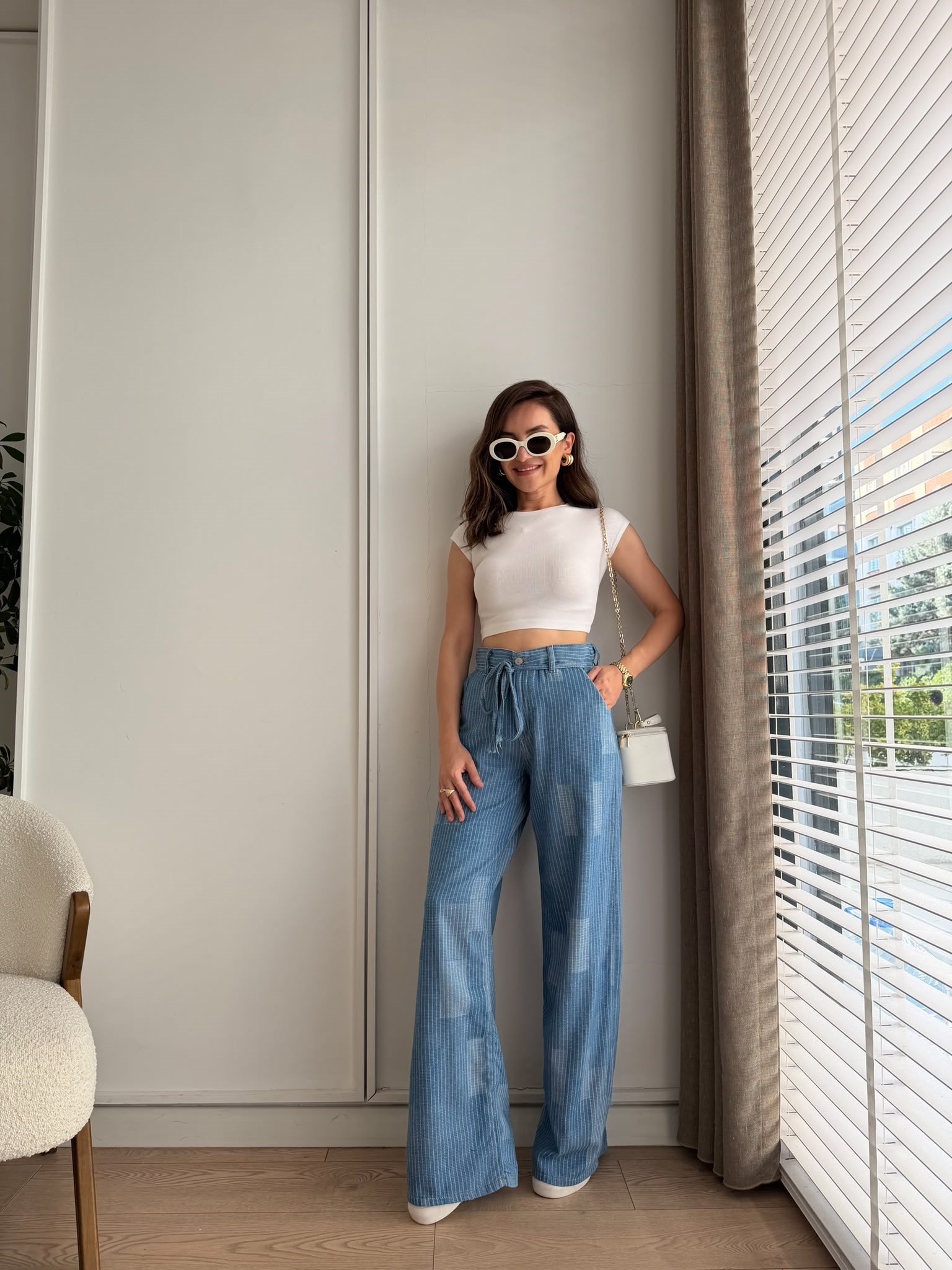 Mavi Bel Bağcıklı Çizgili Denim Pantolon 3630