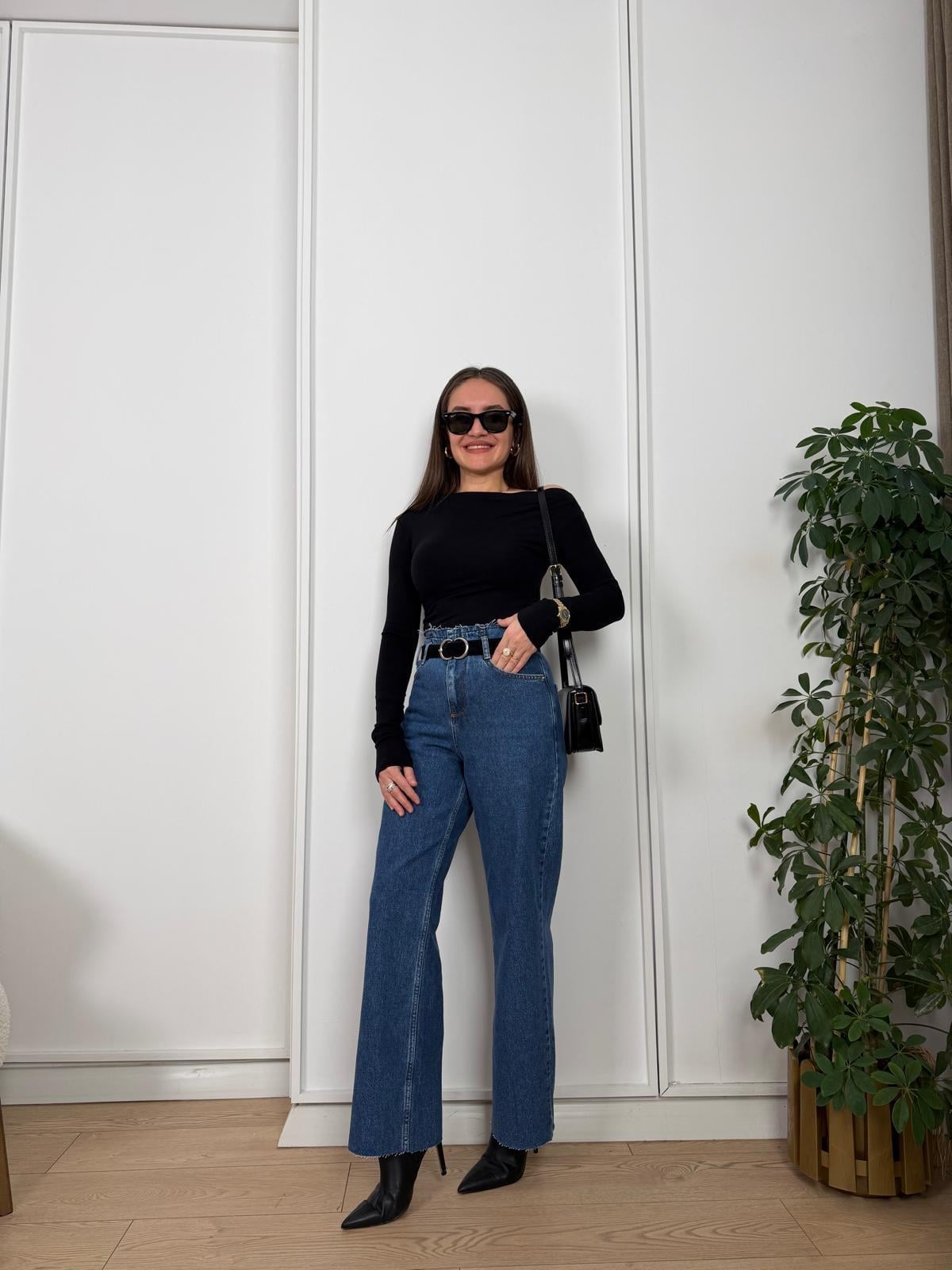 Mavi Beli Dikişsiz Kemerli Jean 25400