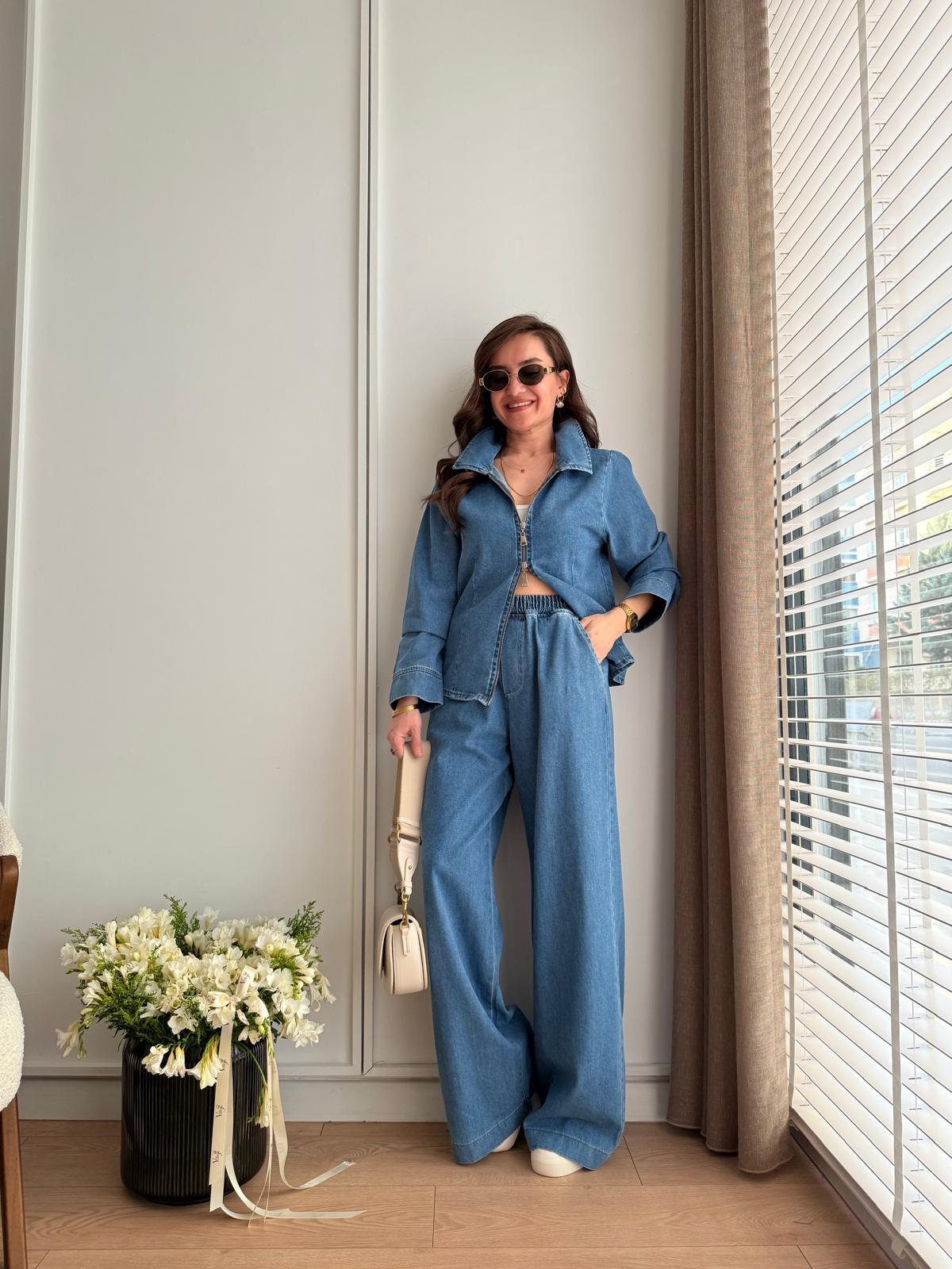 Mavi Çift Fermuar Detaylı Ceket Pantolon Denim Takım 939