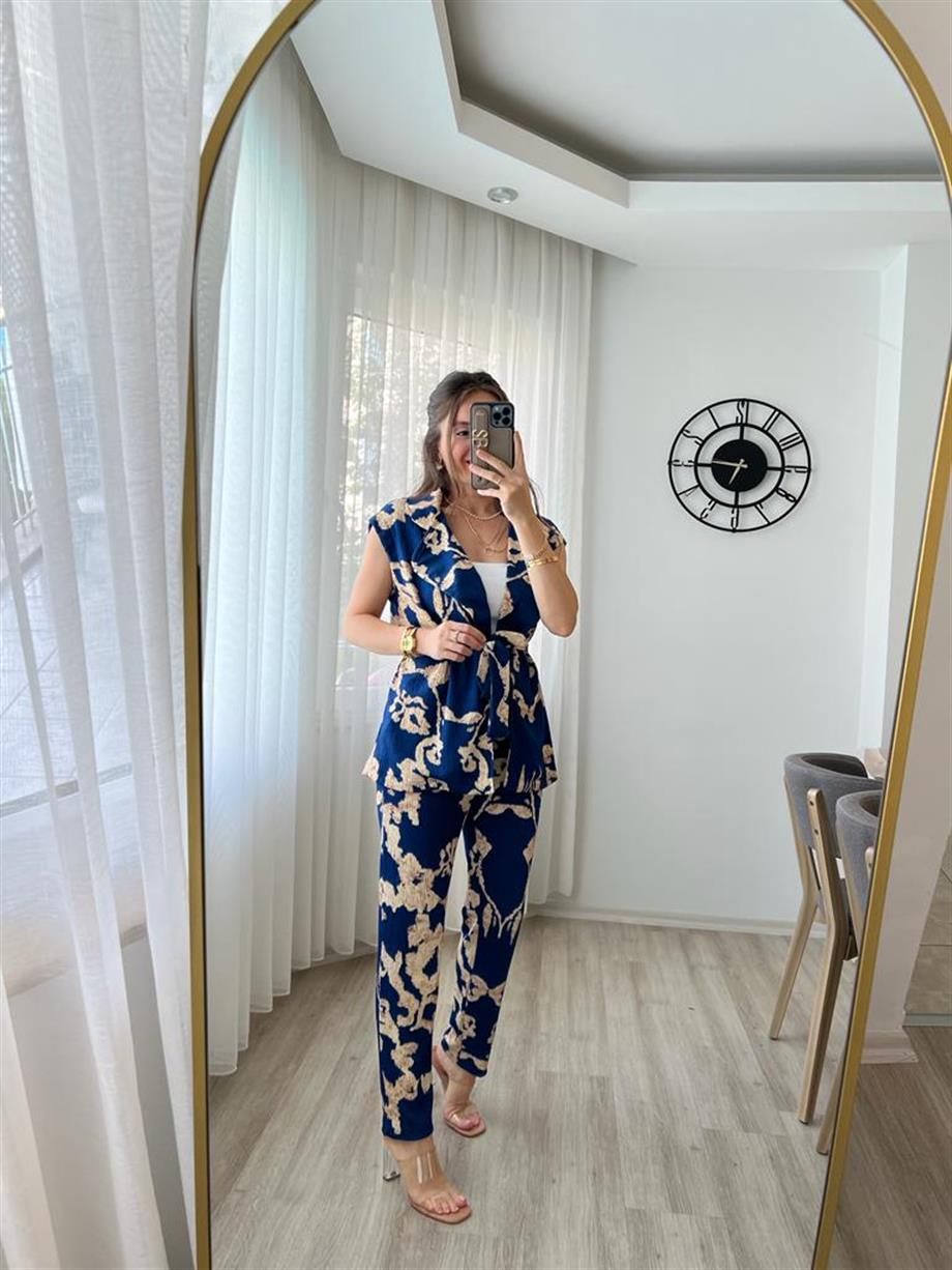Mavi Desenli Kuşaklı Yelek Pantolon Takım 715