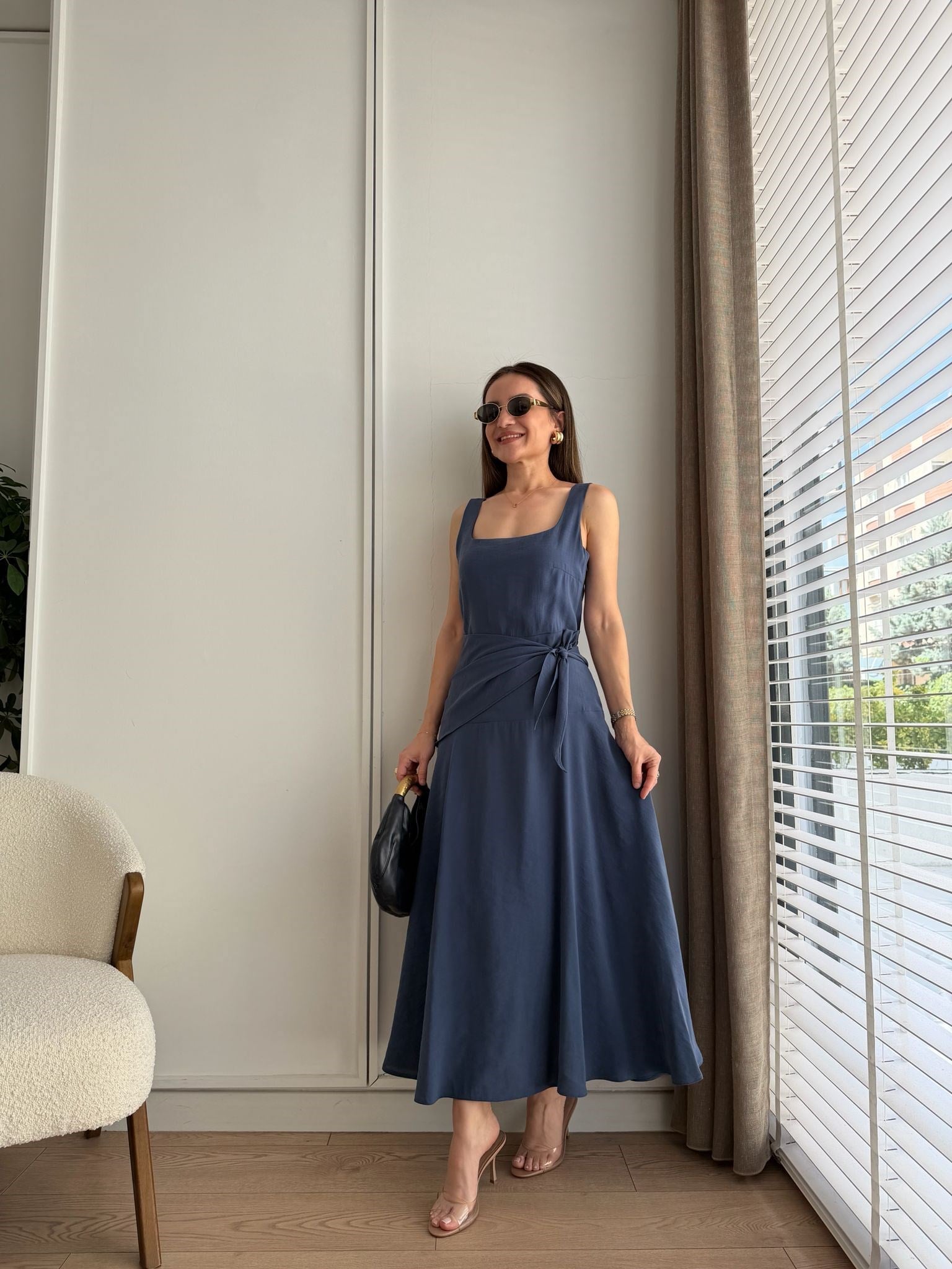 Mavi Kare Yaka Yandan Bağlamalı Modal Elbise 0230