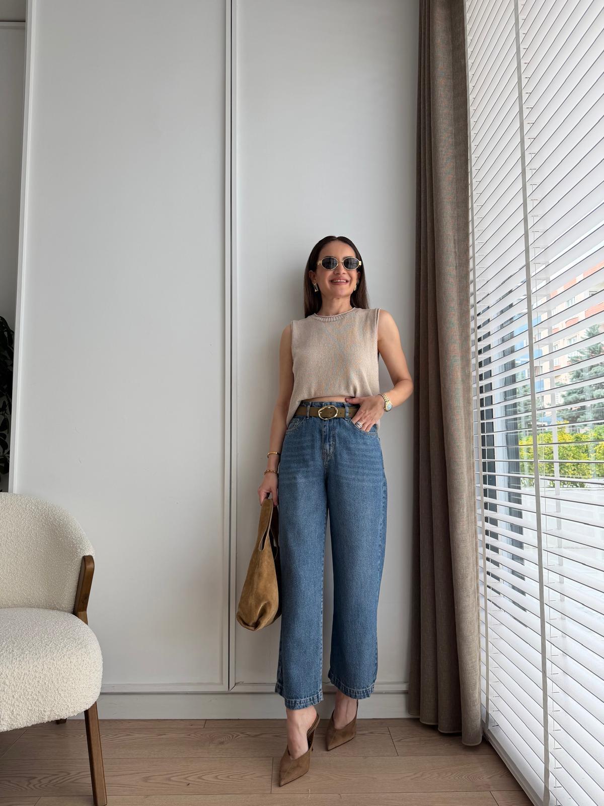 Mavi Kemerli Bilek Boy Bol Paça Tensel Jean 1026