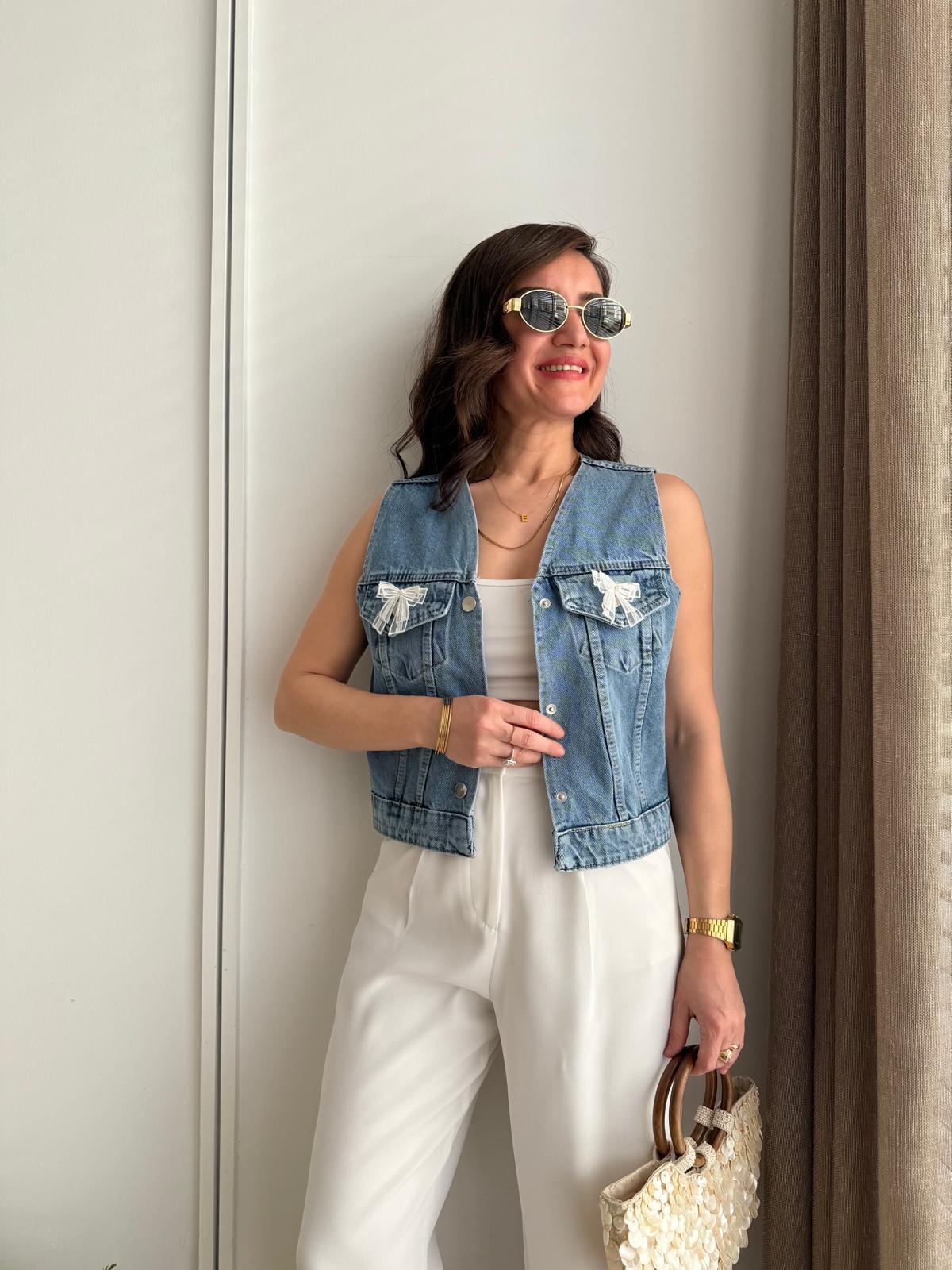 Mavi Kurdele Detaylı Denim Yelek 6518