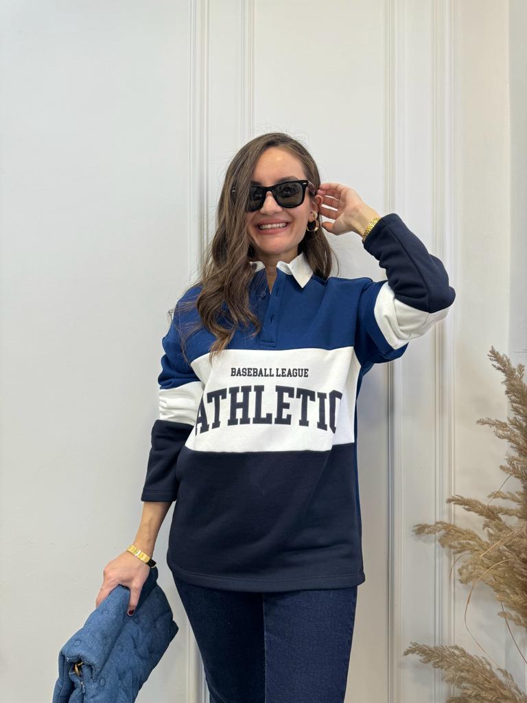 Mavi Polo Yaka Yazı Detaylı Sweatshirt 610