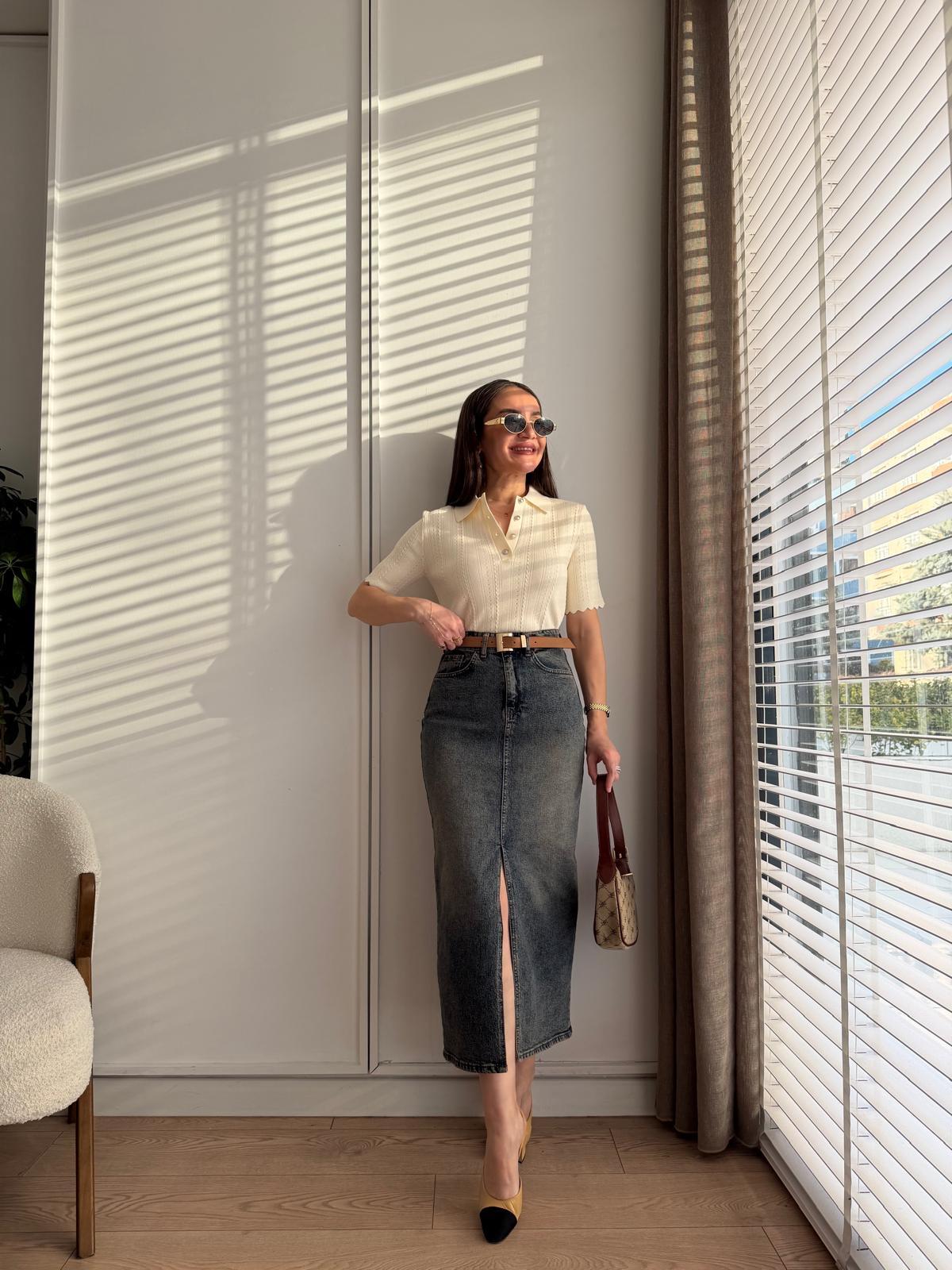 Mavi Tint Ön Yırtmaçlı Detaylı Denim Etek 0762
