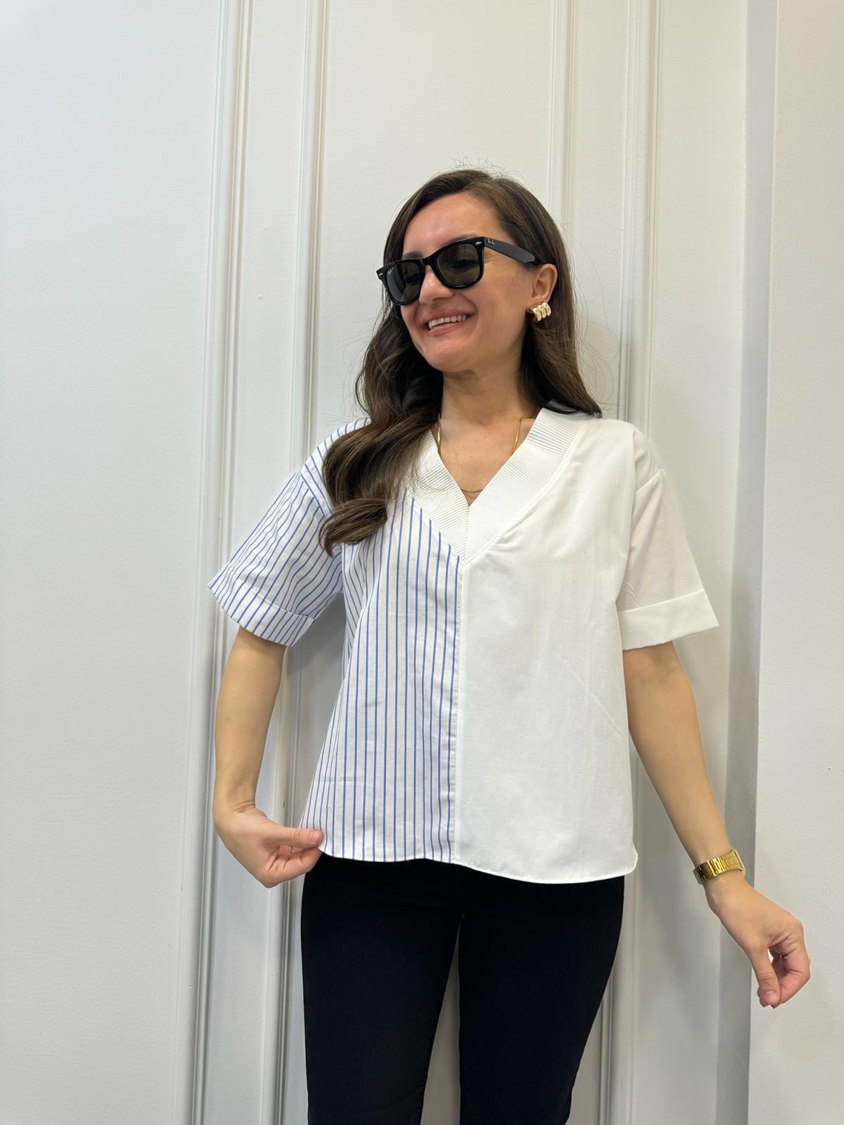 Mavi V Yaka Çizgili Bluz 28382