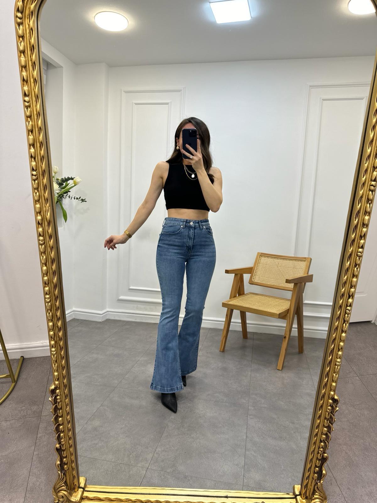 Mavi Yüksek Bel İspanyol Pantolon 0521