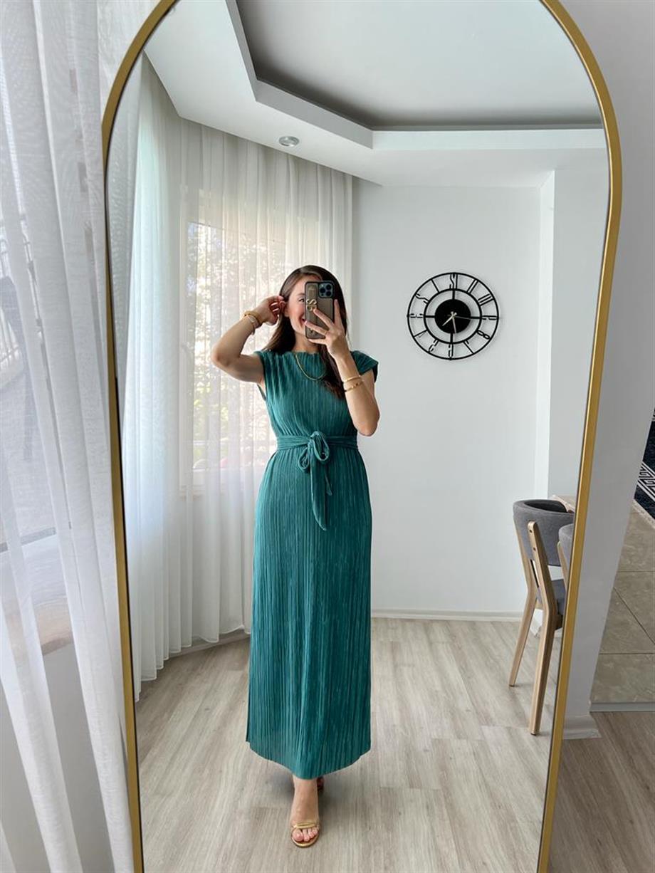 Mint Akordiyon Kumaş Lüx Kalite Kuşaklı Elbise 29689