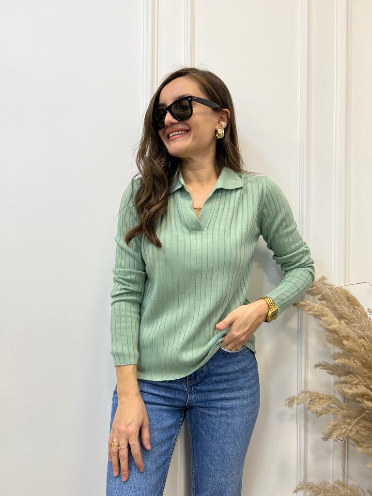 Mint Polo Yaka Çizgili Triko Bluz 3243