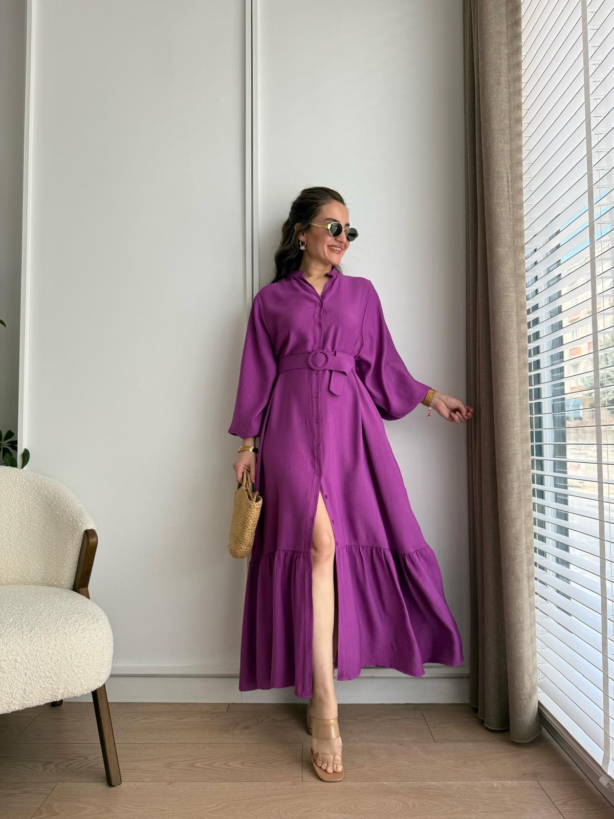Mor Düğmeli Kemer Detaylı Elbise 517
