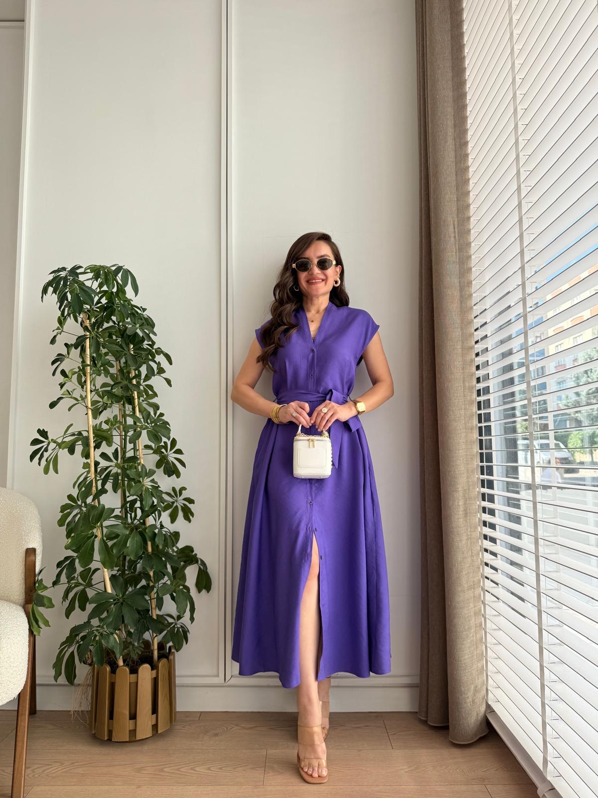 Mor V Yaka Kuşaklı Gömlek Elbise 791