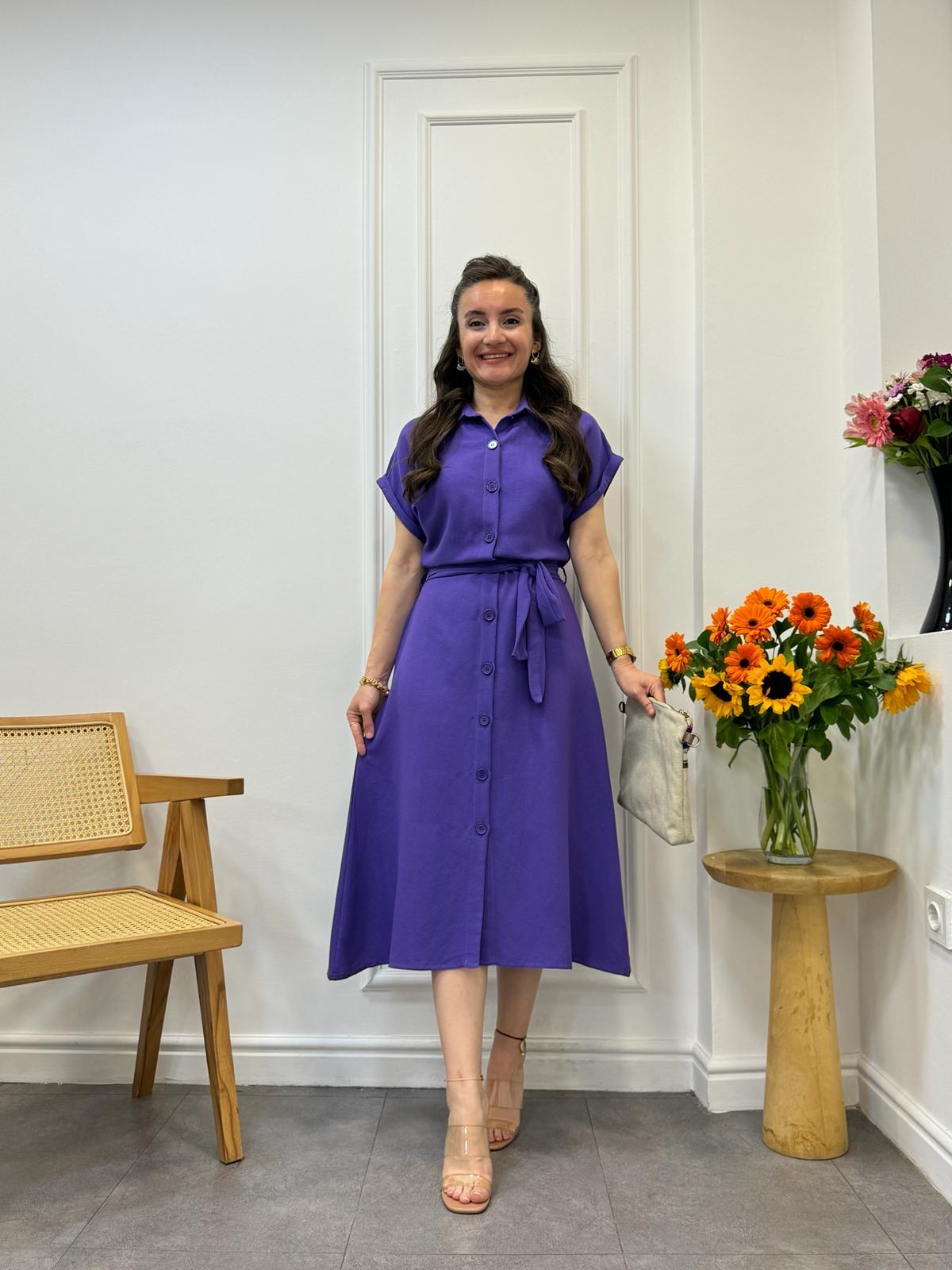 Mor Yarasa Kol Keten Gömlek Elbise 1981