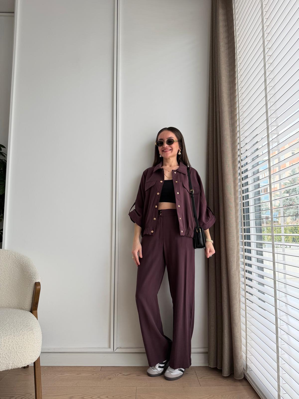 Mürdüm Çıtçıt Düğmeli Bomber Ceket Pantolon Takım 0218