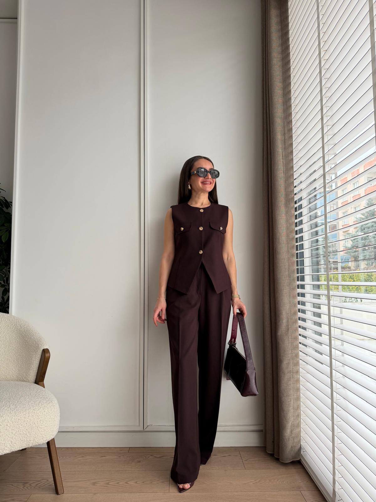 Mürdüm Gold Düğmeli Yelek Pantolon Takım 8907