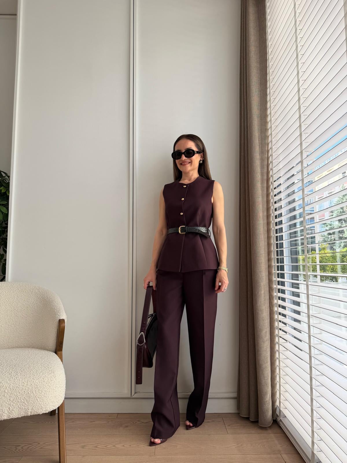 Mürdüm Kemerli Yelek Pantolon Takım 8891