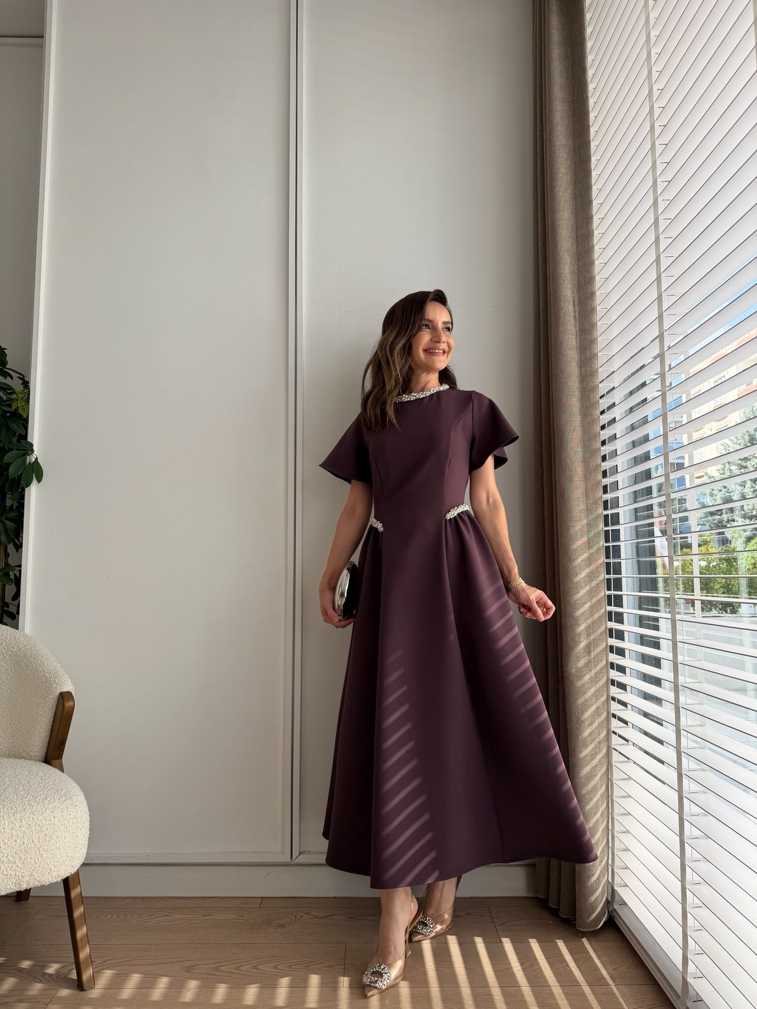Mürdüm Prenses Kesim Taş İşlemeli Elbise 3220