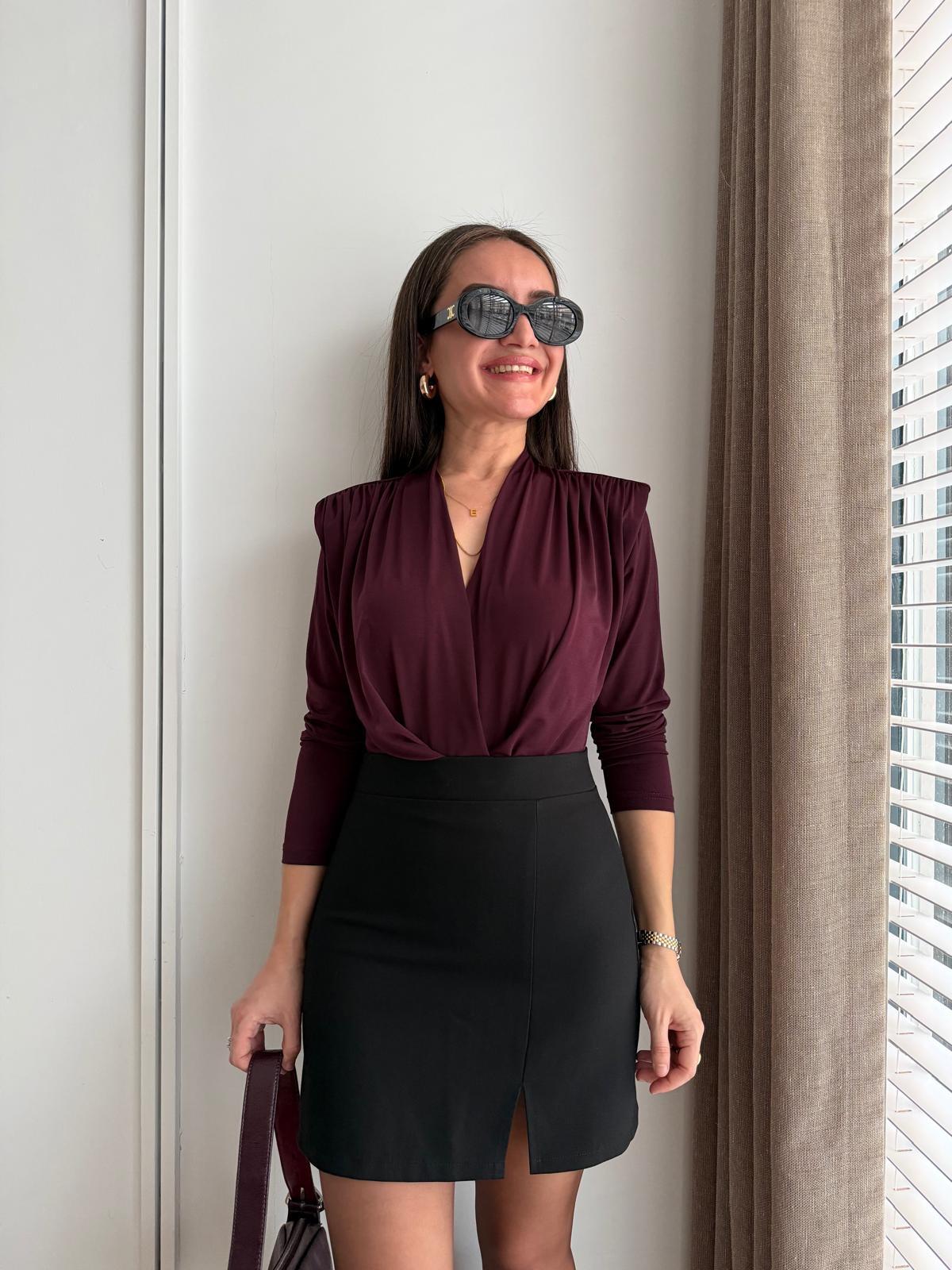 Mürdüm Vatkalı Kruvaze Yaka Bodysuit 6001