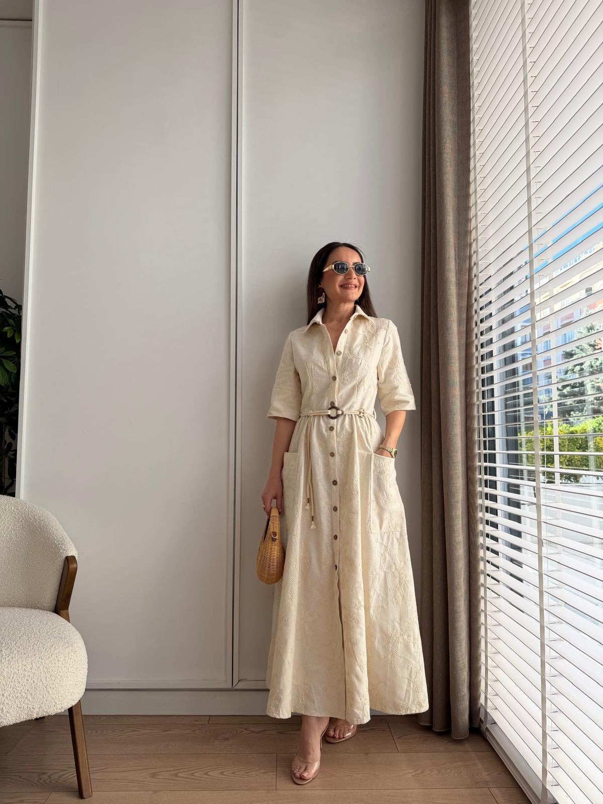 Naturel Nakışlı Halat Kemerli Elbise 86248