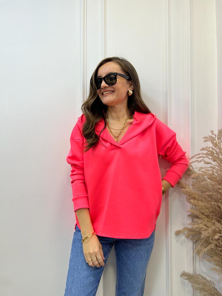 Neon Fuşya Scuba Kumaş Kapüşonlu Sweatshirt 1001
