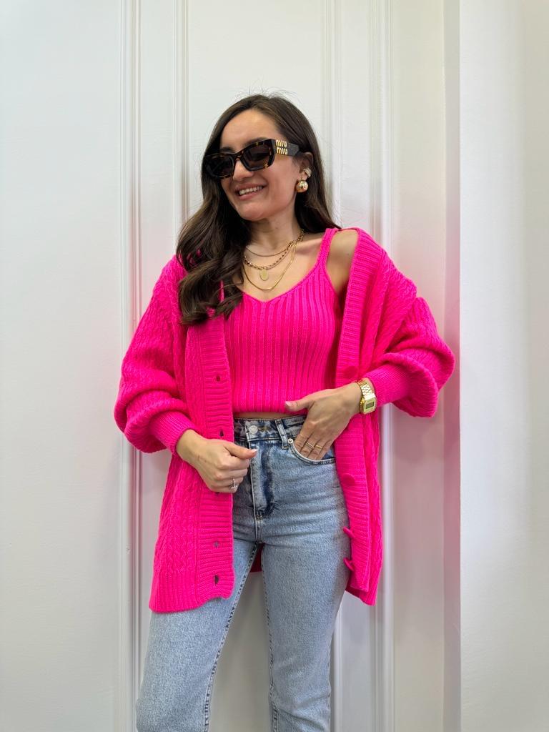 Neon pembe Saç Örgü Desenli Atletli Hırka Takım 2221