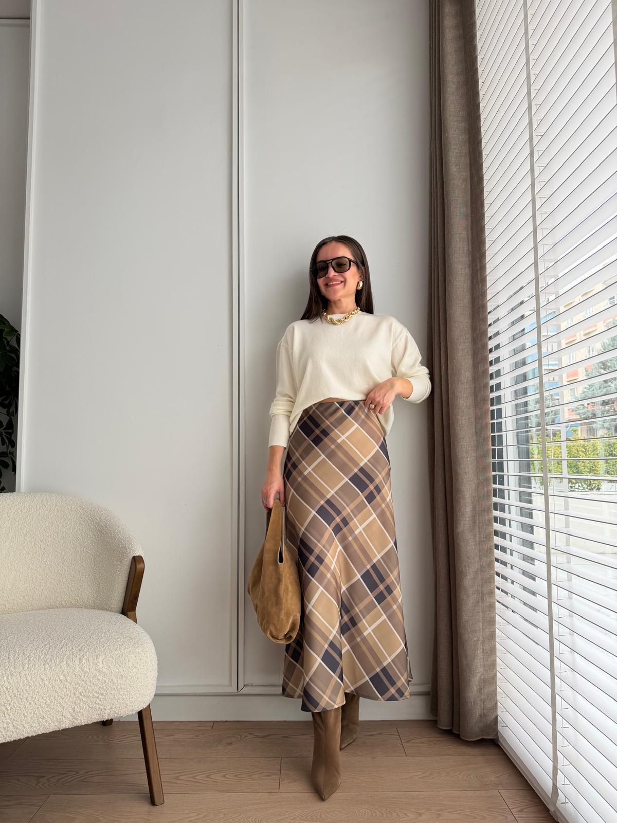 Olive Ekose Desen Saten Etek 255334