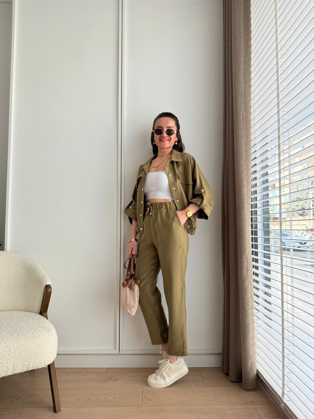 Olive Gold Çıtçıtlı Düğmeli Beli Lastikli Tensel Kumaş Takım 218
