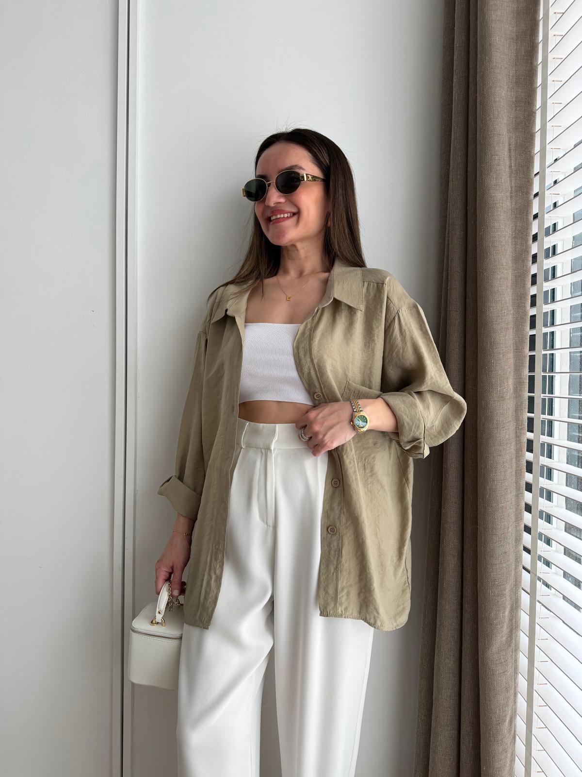 Olive Lüx Kalite Oversize Gömlek 4612