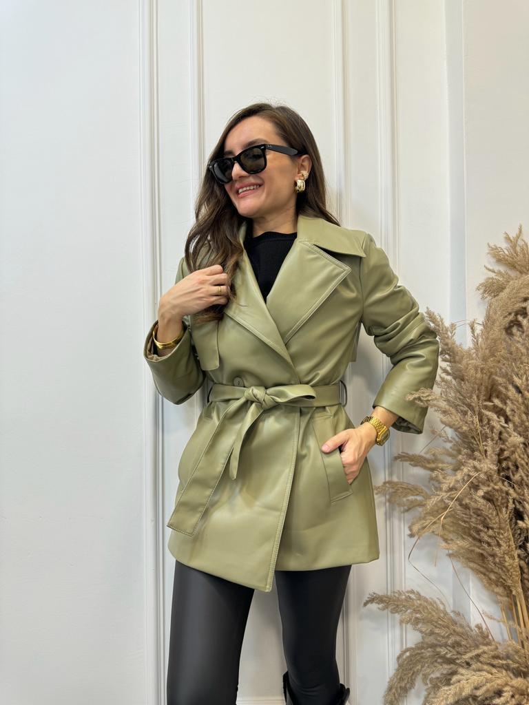 Olive Marka Premium Seri Suni Deri Kuşaklı Trençkot 9320