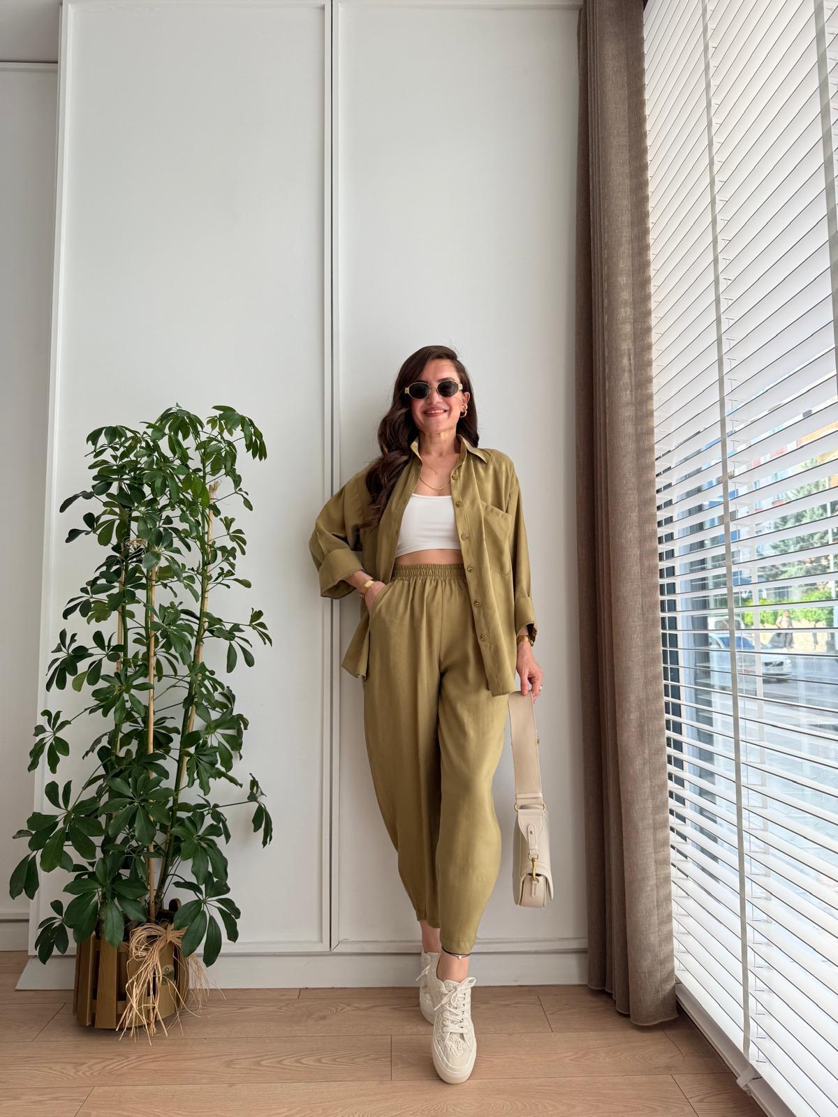 Olive Tensel Kumaş Havuç Pantolon Gömlek Takım 8561