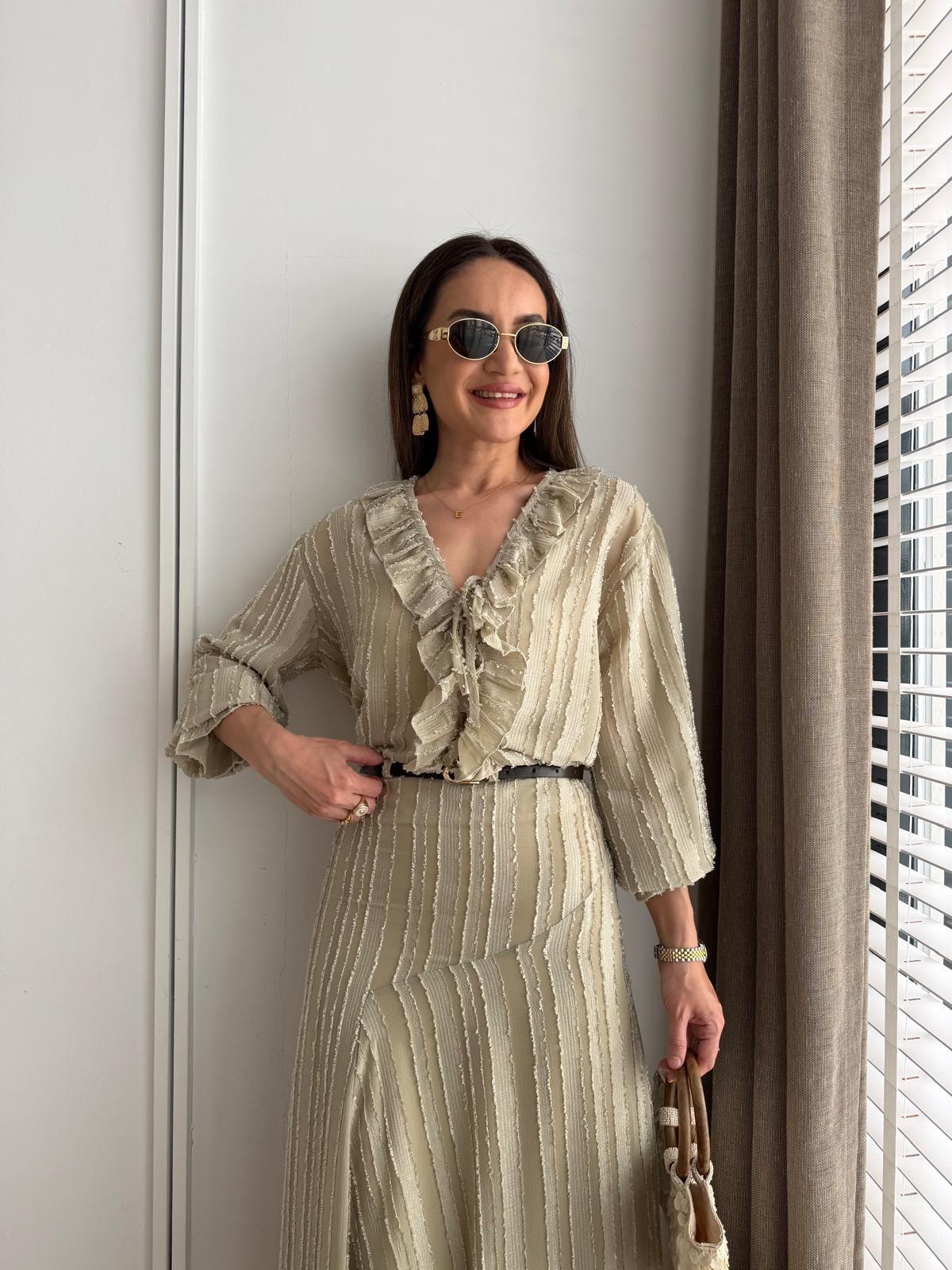 Olive V Yaka Volanlı Dokuma Kimono 1094