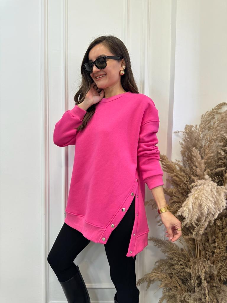 Pembe Bisiklet Yaka Yanı Çıtçıtlı Oversize Sweatshirt 8248