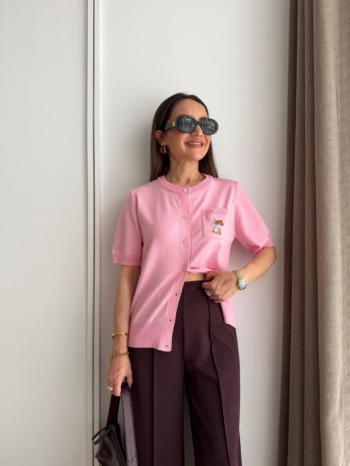 Pembe Cebi Tavşan Nakışlı Kısa Kollu Hırka Bluz 140652
