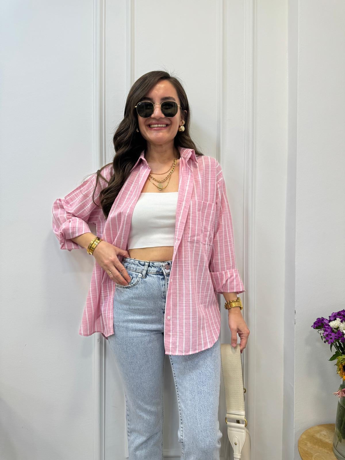 Pembe Çizgili Cep Detaylı Gömlek 7363
