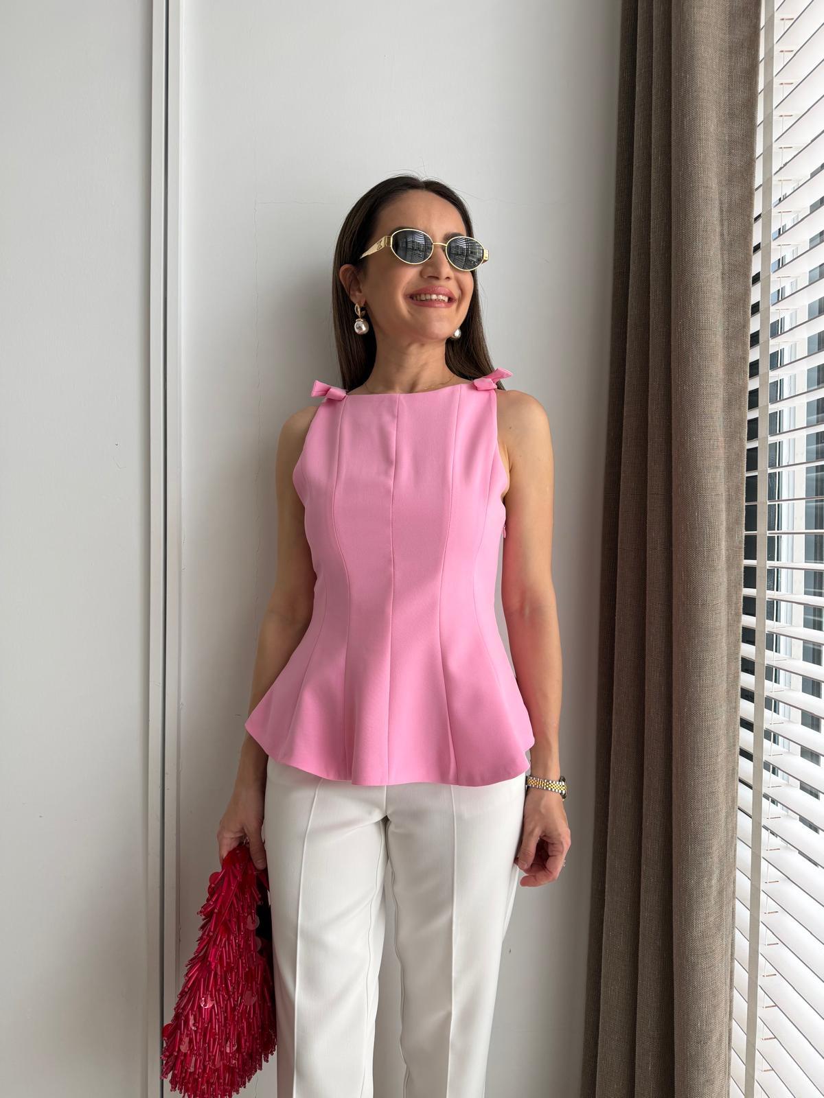Pembe Fiyonklu Kayık Yaka Bluz 5503