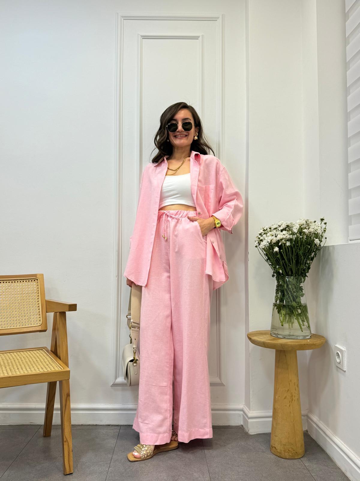 Pembe Keten Gömlek Pantolon Takım 00517