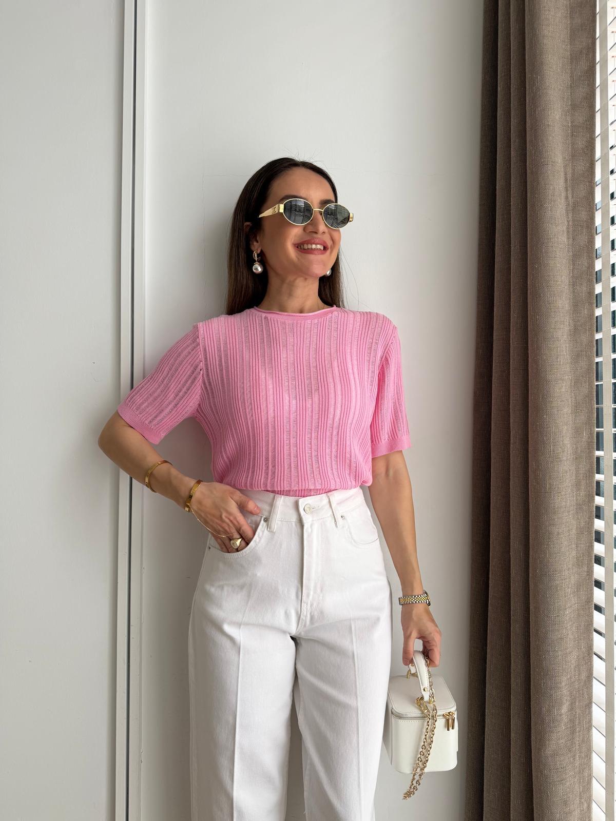 Pembe Kısa Kollu Ajurlu Triko Bluz 261045