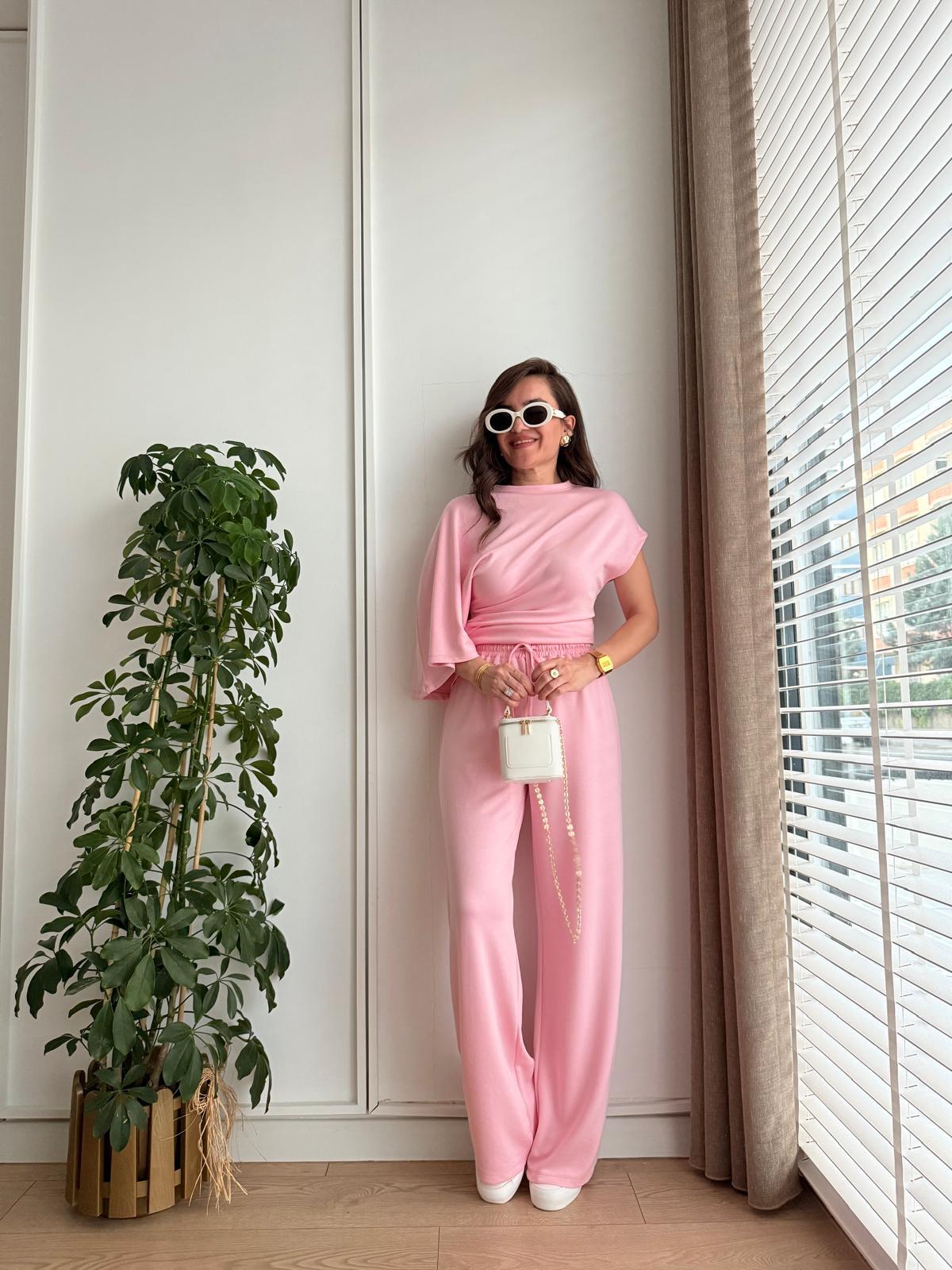 Pembe Modal Kumaş Yarasa Kol Bluz Pantolon Takım 3530